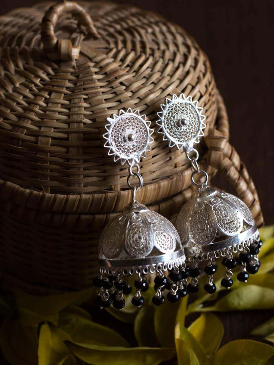 Ethnic Oxidised Silver Cone Jhumka Earring for Women - Mrigangi